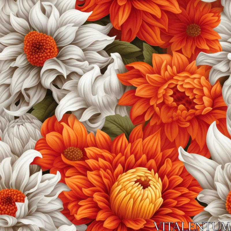 Orange and White Dahlia Flowers Seamless Pattern AI Image