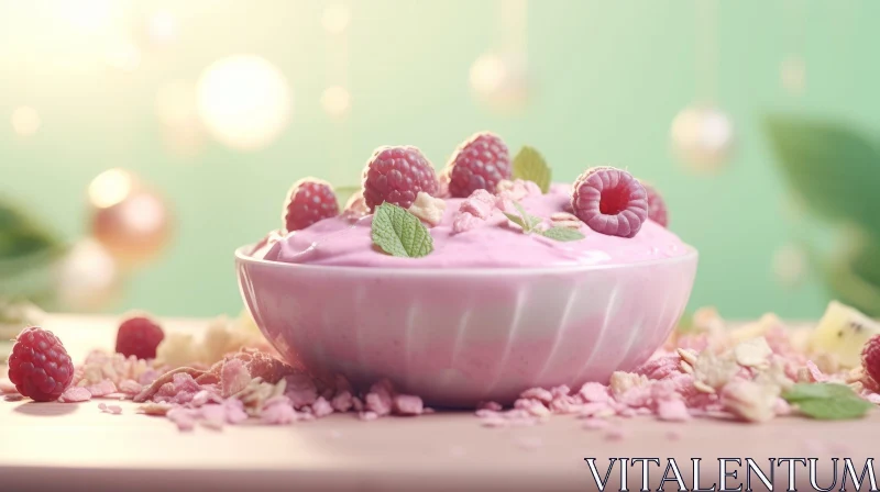 Pink Yogurt with Raspberries and Mint - Delightful Food Composition AI Image