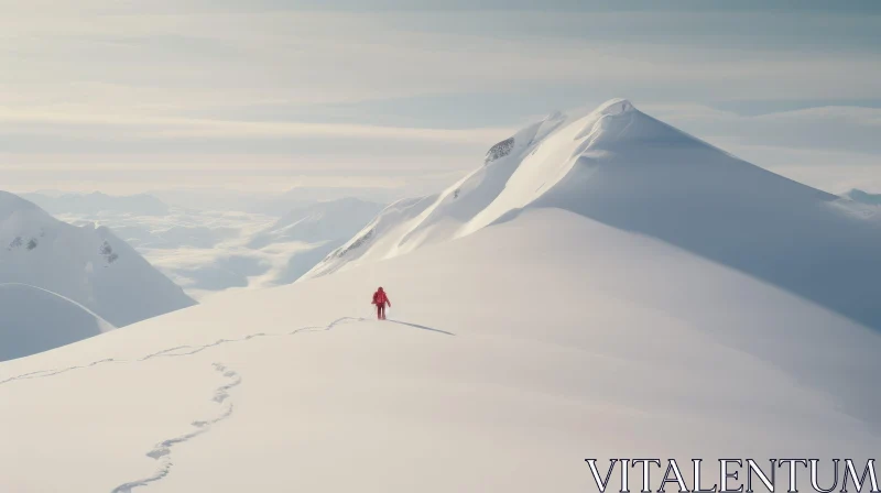 Red Jacket Mountaineer in Snowy Mountain Ridge AI Image