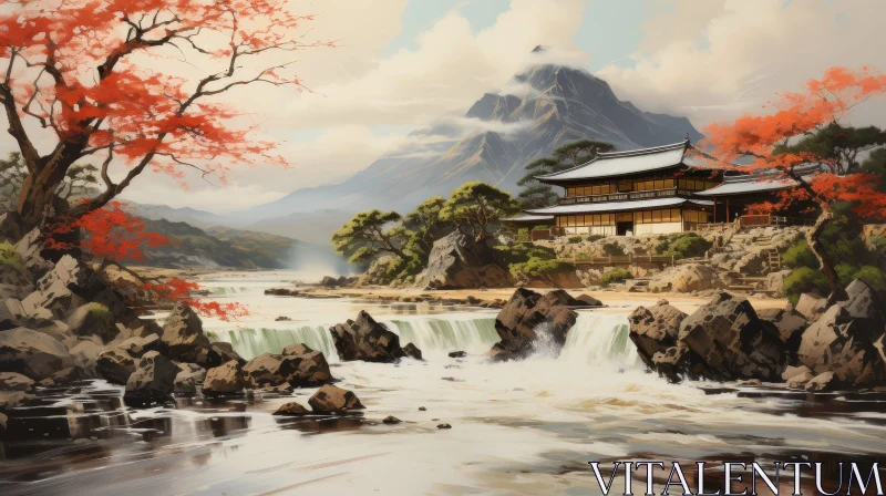 Serene Mountain and River Landscape AI Image