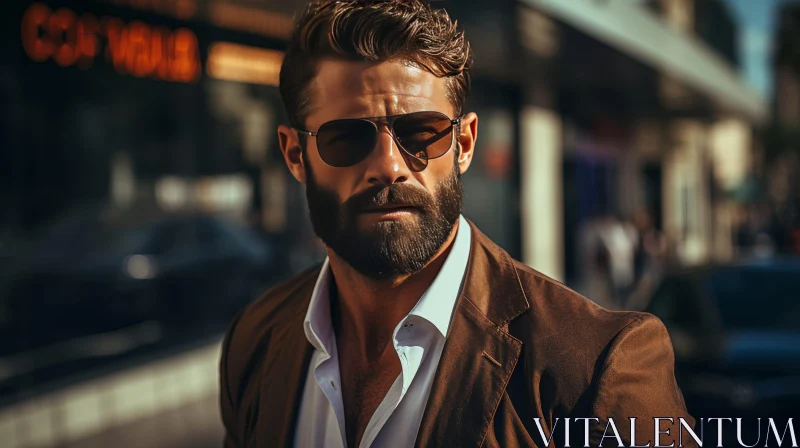 Serious Man Portrait in Brown Suit Jacket AI Image