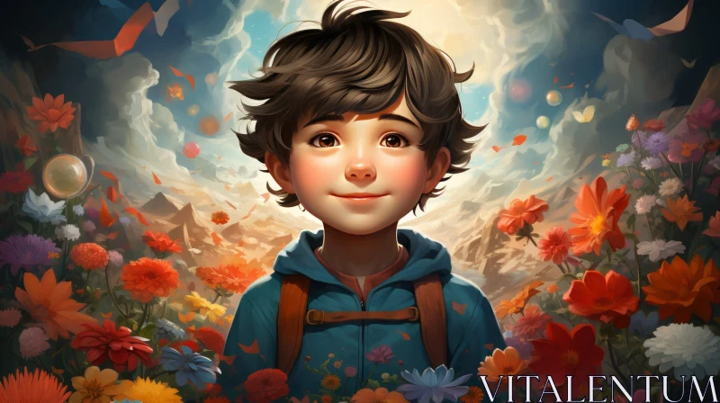 Smiling Boy in Field of Flowers Portrait AI Image