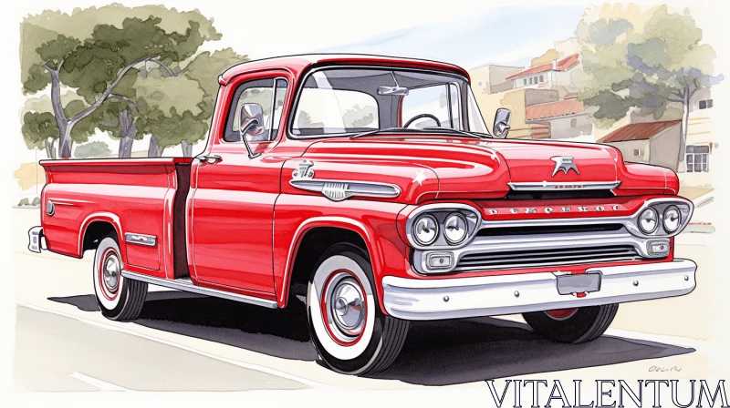 Timeless Grace: Vintage Red Truck in Precisionist Art Style AI Image