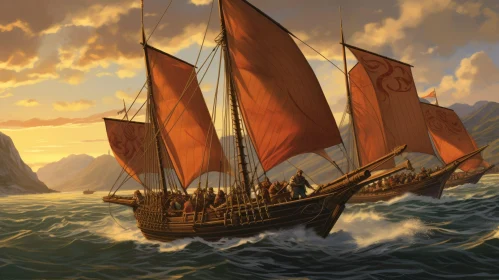 Viking Ships Sailing on Stormy Sea - Action Painting