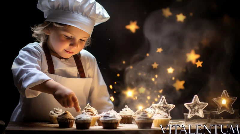 Young Girl Decorating Cupcakes with Powdered Sugar AI Image