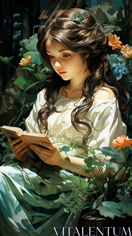 Young Woman Reading Book in Lush Garden AI Image