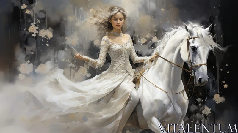 AI ART Young Woman Riding White Horse Painting