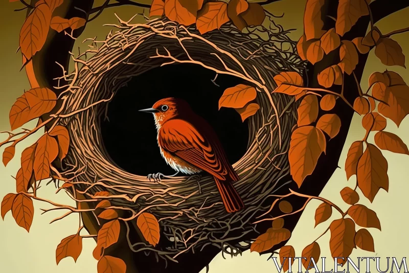 Bird in Nest Illustration - Autumn Leaves - Highly Detailed AI Image