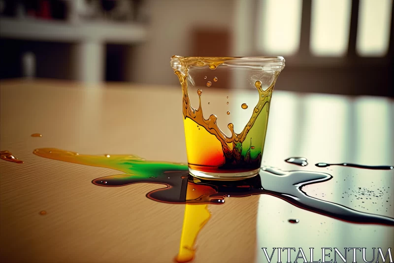 Captivating Deconstructive Art: A Cup of Mixed Colored Liquid on a Brown Table AI Image