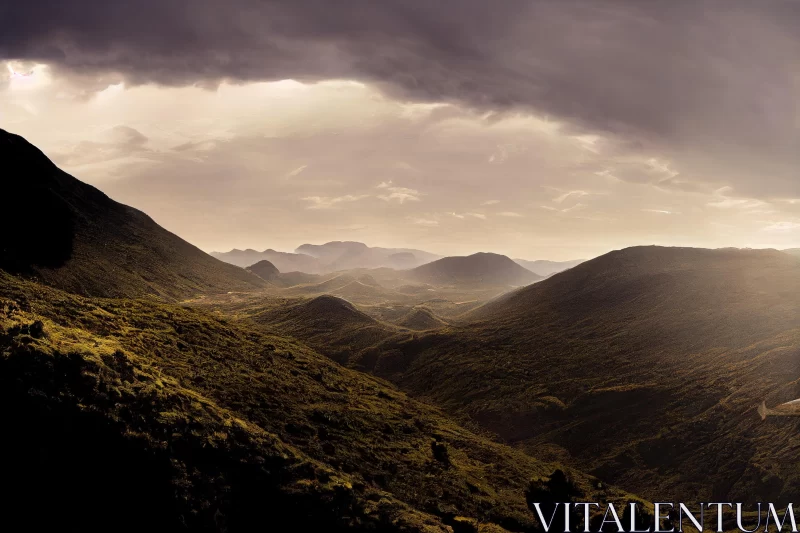 Captivating Valley Surrounded by Majestic Hills | Atmospheric and Moody Lighting AI Image