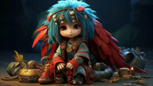 Cartoonish Character with Blue Hair and Red Wings in Dark Cave