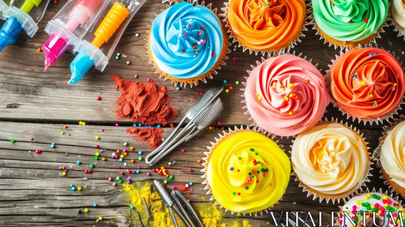 Colorful Cupcakes on Rustic Wooden Table - Artistic Delights AI Image