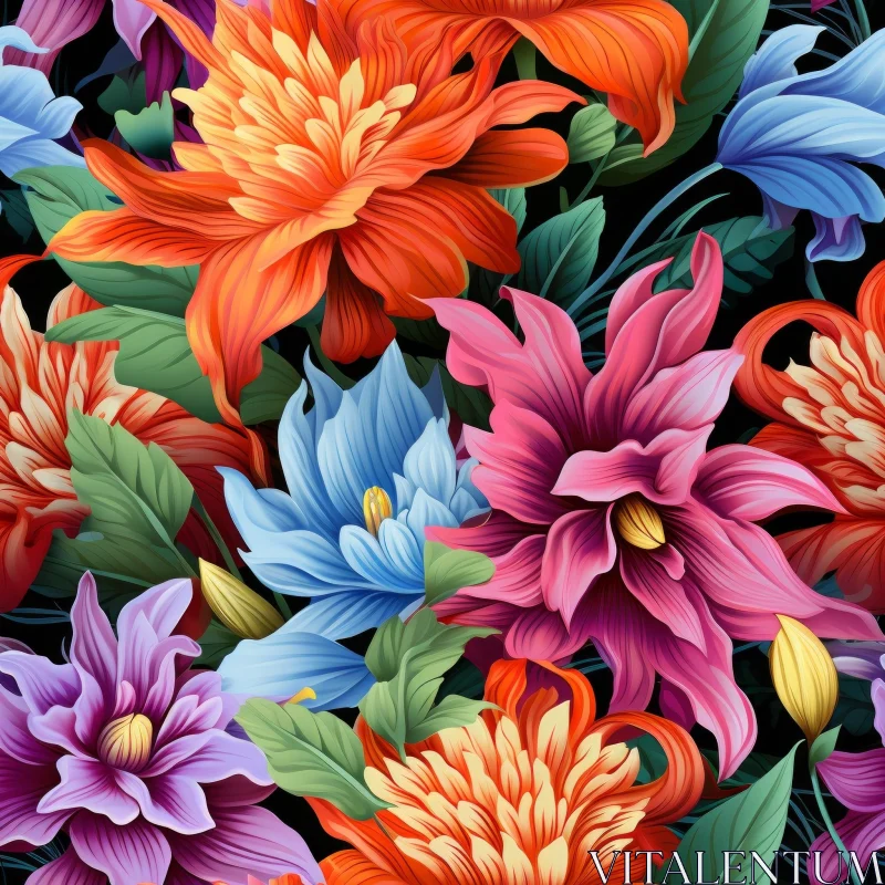 Colorful Flower Pattern on Black Background AI Image