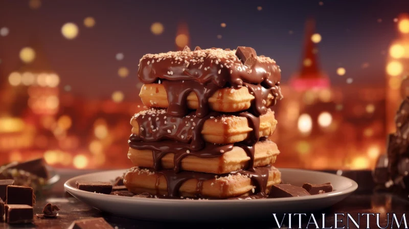 Delicious Waffles with Chocolate Syrup and Nuts AI Image