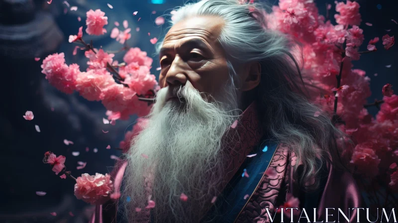Elderly Asian Man Portrait with Cherry Blossoms AI Image