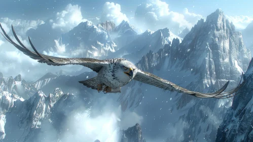 Falcon Soaring Over Snowy Mountain Range