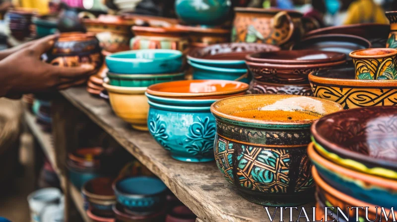 Handmade Ceramic Bowls on Wooden Shelf - Artistic Market Display AI Image