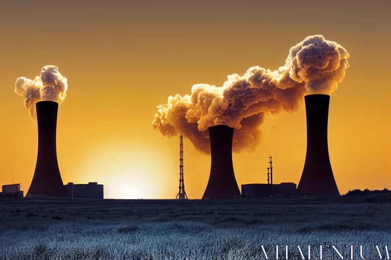Impressive Sky: Smoke Billowing from Industrial Smoke Stacks at Sunset AI Image