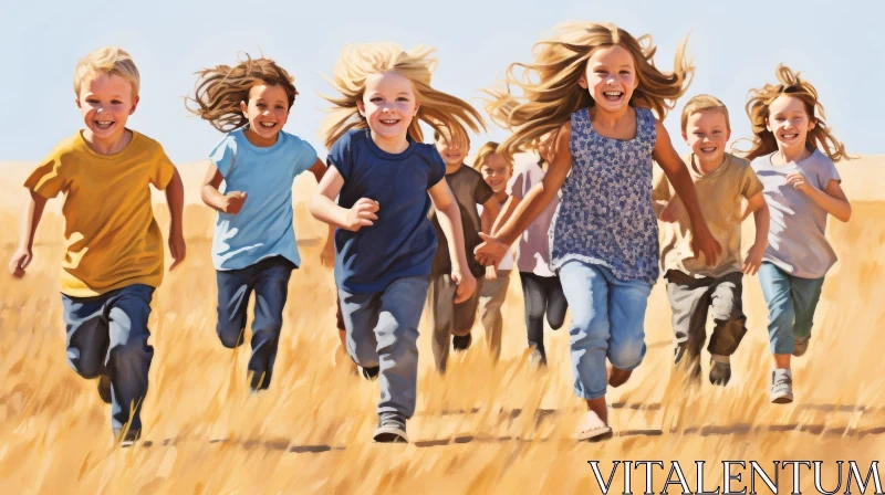 Joyful Children Running in Field AI Image