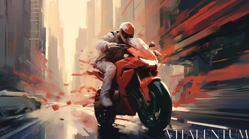 AI ART Man Riding Red Motorcycle in Cityscape - Digital Artwork