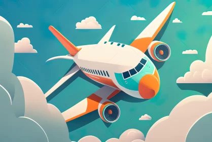 Orange Airplane Flying Through Clouds | Graphic Design-Inspired Illustration