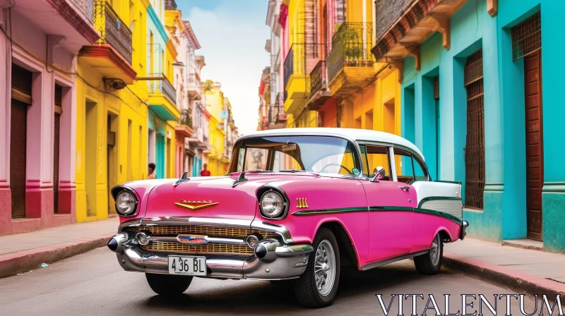 AI ART Pink 1950s Chevrolet Bel Air Car in Vibrant Havana Street Scene