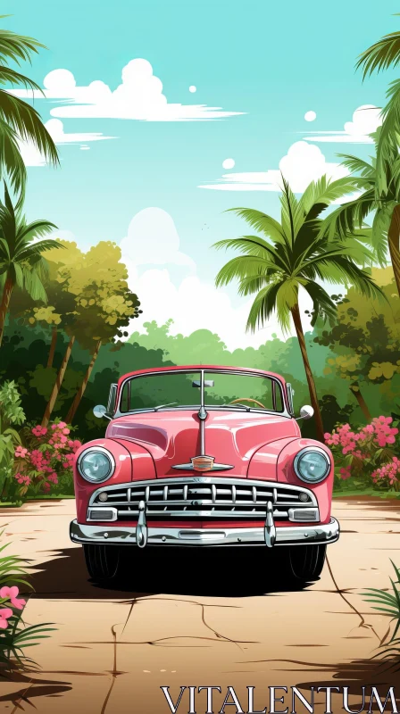 AI ART Pink Classic Car in Tropical Setting - Vintage Chevrolet Bel Air
