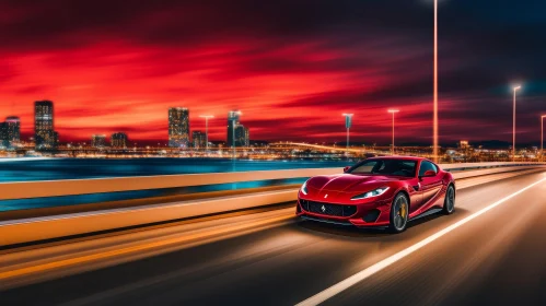 Red Ferrari F8 Tributo Night Scene on Bridge