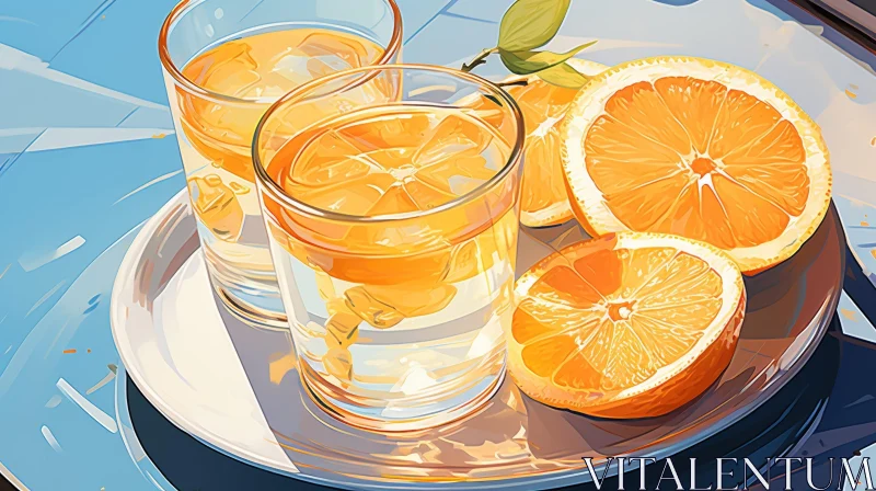AI ART Refreshing Orange Juice Glasses on Plate in Cartoon Style