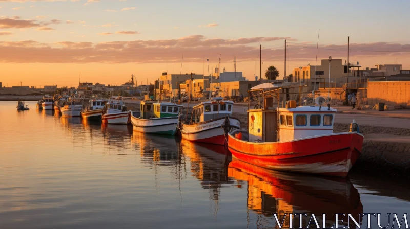 Tranquil Harbor Scene with Colorful Fishing Boats at Sunset AI Image
