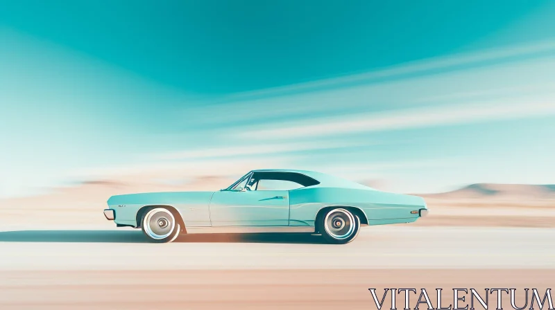 Vintage Blue Car Racing on Desert Road AI Image