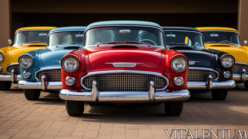 Vintage Cars in Various Colors Parked in Front of a Garage AI Image