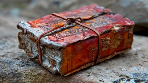 Vintage Leather Book Resting on a Rock