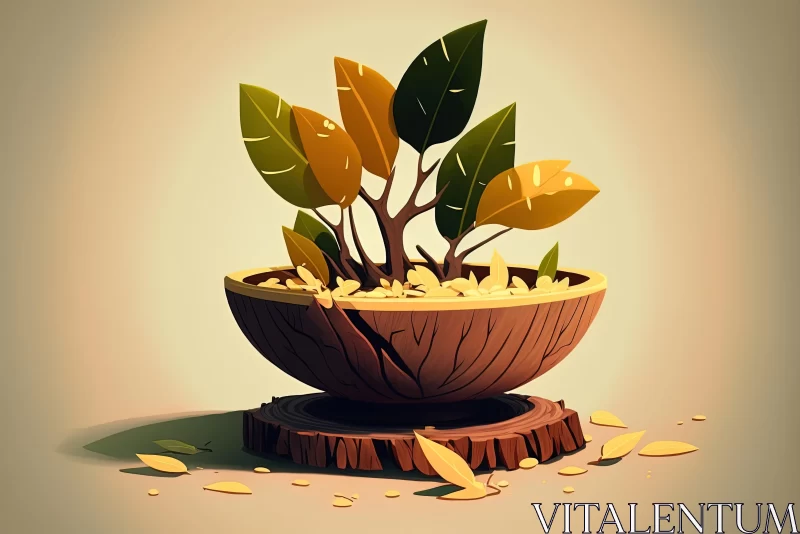 Whimsical Cartoon Plant and Leaves in a Bowl with Money and Leaves AI Image
