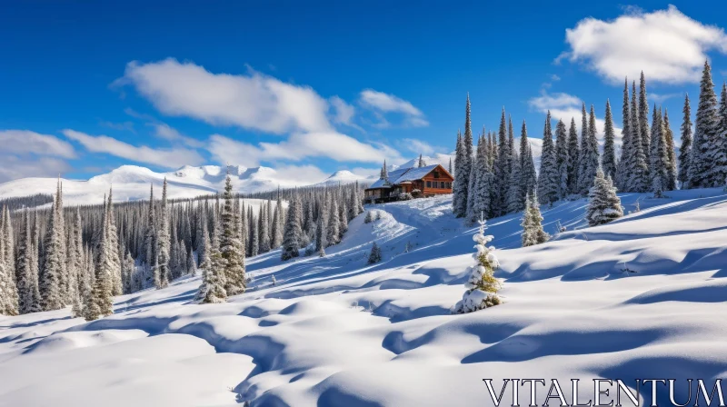 Winter Cabin in Snowy Mountains Landscape AI Image