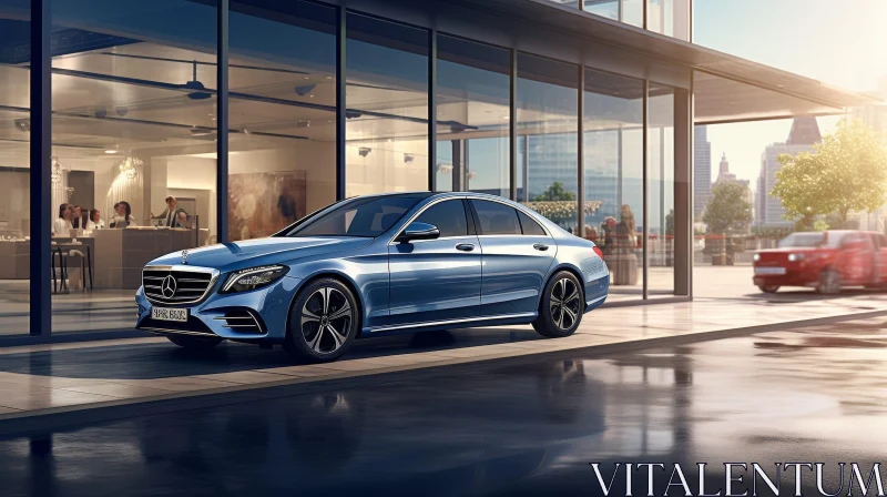 Blue Mercedes-Benz E-Class Car Parked Outside Modern Glass Building AI Image