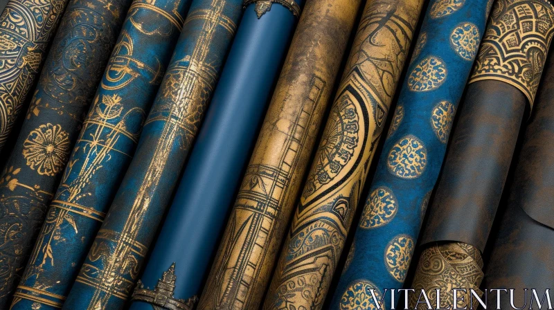 Close-up Stack of Rolled-Up Papers with Dark Blue and Gold Printing AI Image