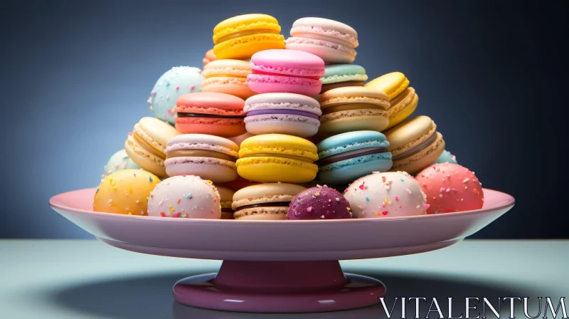 Colorful Macarons on Pink Cake Stand AI Image