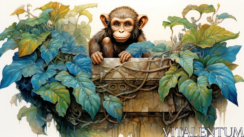 AI ART Curious Chimpanzee in Jungle - Digital Painting