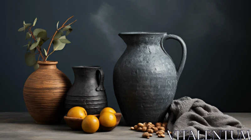 Dark Gray Ceramic Jug and Fruit Still Life Composition AI Image