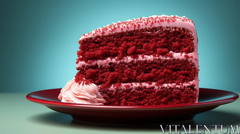 Delicious Red Velvet Cake Slice on Red Plate AI Image