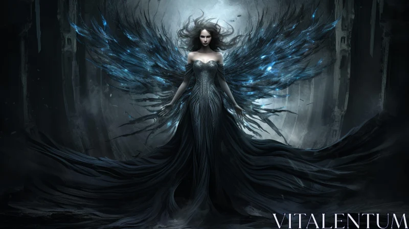 Enigmatic Woman in Dark Forest with Black Wings AI Image