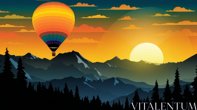 AI ART Hot Air Balloon Over Snowy Mountains at Sunset