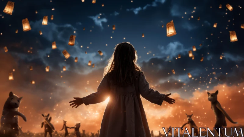 Magical Night with Girl and Illuminated Lanterns in Surrealistic Scene AI Image