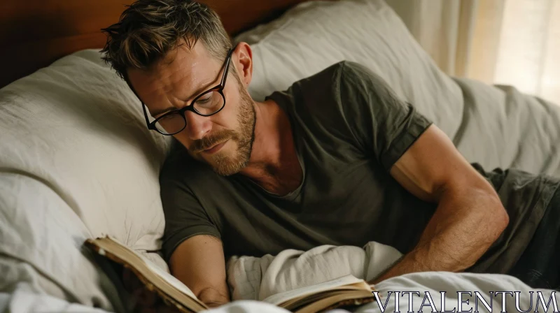 Man in Bed Reading a Book - Relaxation and Comfort AI Image