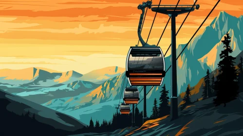 Mountain Cable Car Illustration - Retro Travel Poster Style