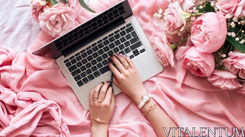 Pink Laptop with Woman Typing on Keyboard - Technology Art AI Image