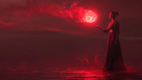Red-Dressed Woman with Glowing Ball on Seashore