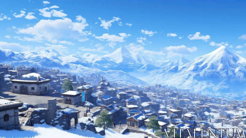 AI ART Serene Winter Landscape with Snow-Covered Town and Mountains