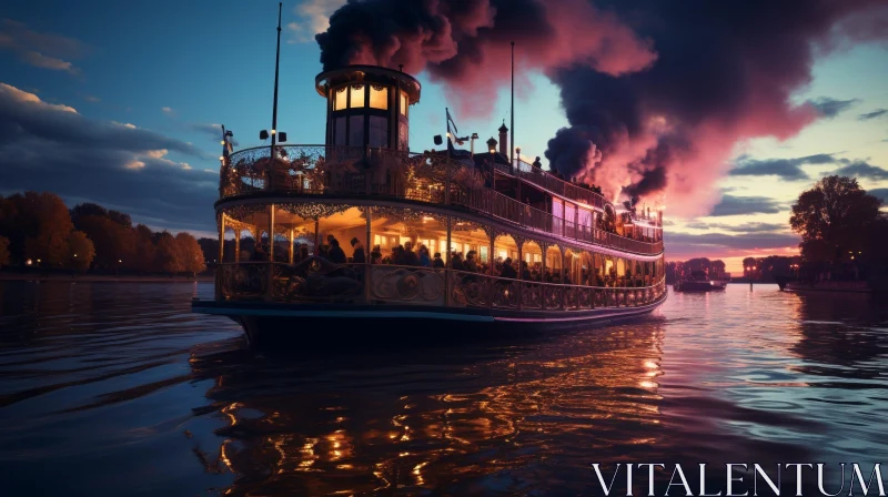 Tranquil Riverboat Evening Cityscape at Sunset AI Image
